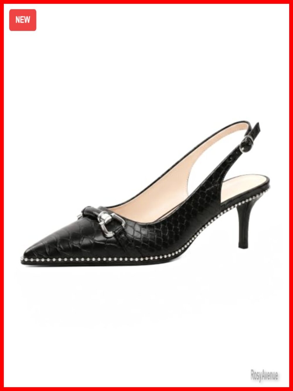 Slingback Kitten Heels Point Toe Beaded Pumps Faux Leather